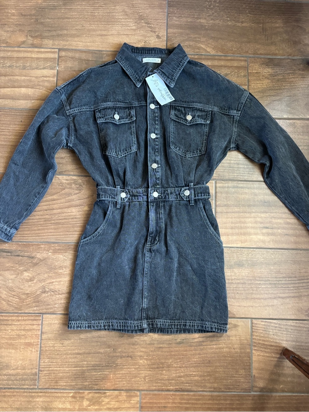 12th Tribe Black Acid Wash Denim Utility Mini Dress Medium NWT
